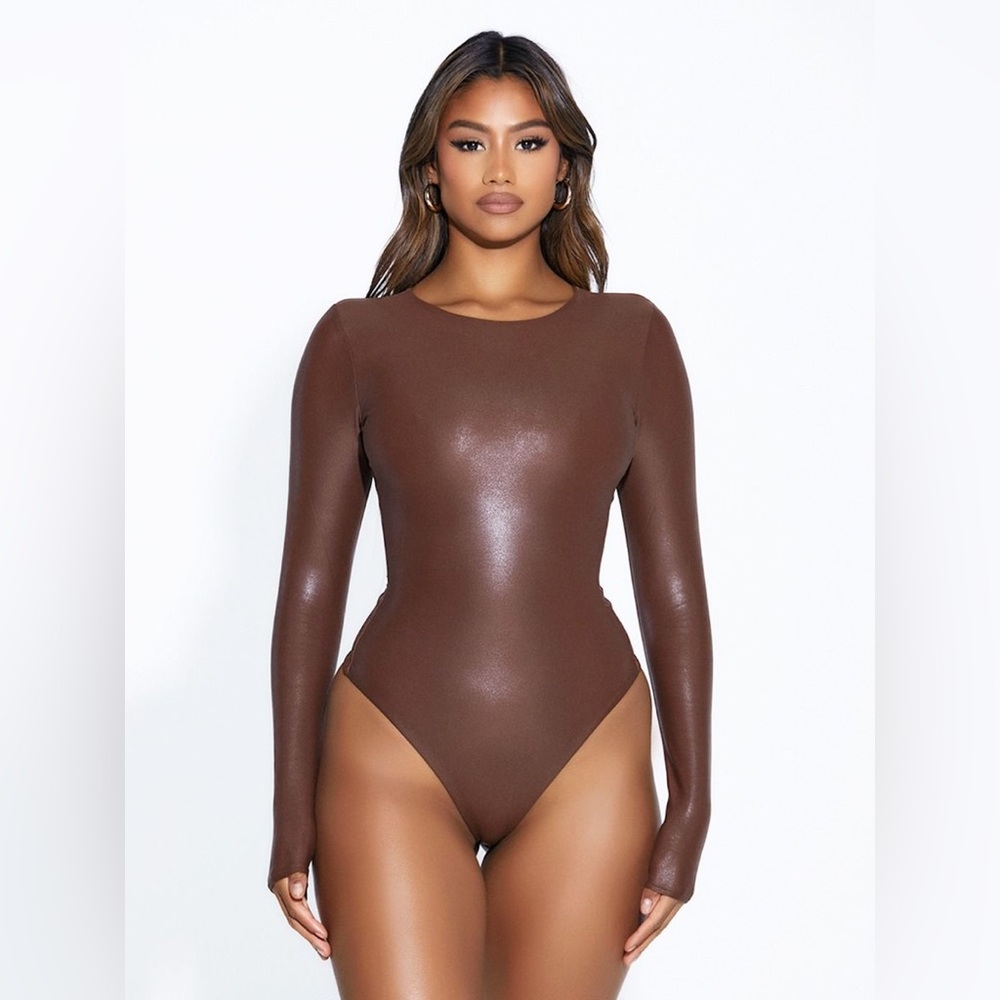 Brown Faux-Leather Naked Wardrobe Drip Collection Bodysuit